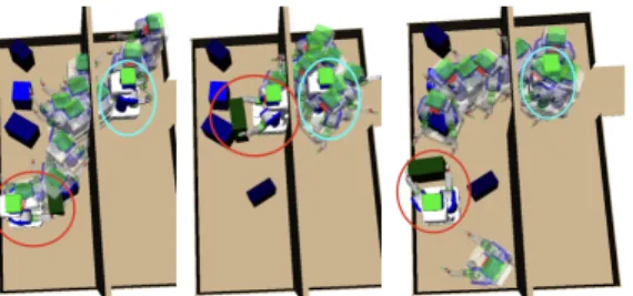 Figure 3: Key configurations that have top-10 activations for three different object placements (semi-transparent); initial configuration (cyan); final configuration (red).