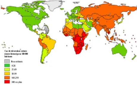 Figure 2: Estimation de l'incidence mondiale de la tuberculose, par 100 000 habitants  (OMS, 2011)