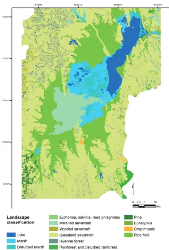Fig. 2. The land cover in the Lake Alaotra region characterised by supervised classification of Landsat imagery dated March 2007.