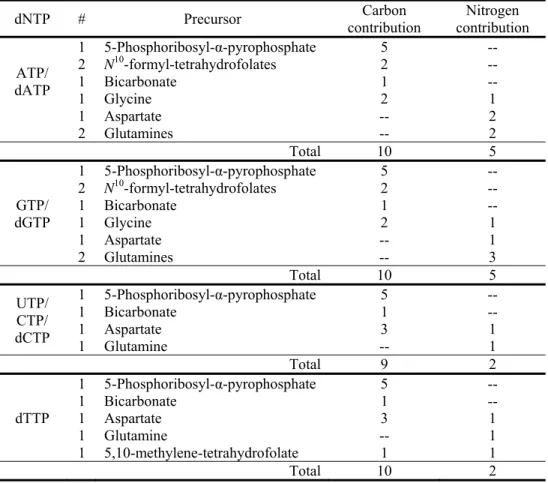 Table 2.  Biosynthetic precursors that provide the carbons and nitrogens in NTPs and dNTPs