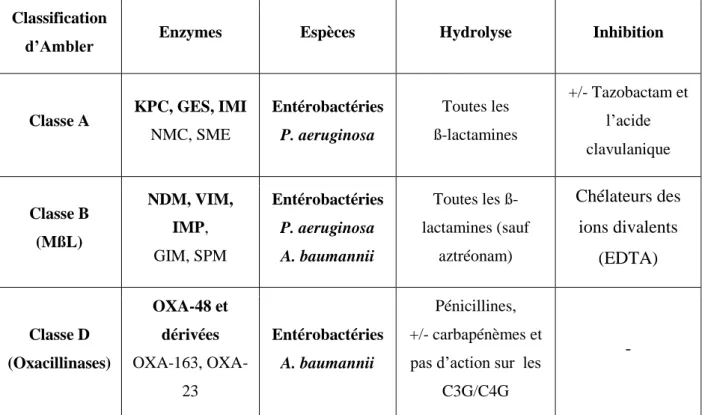 Tableau VIII :  Caractéristiques des principales carbapénèmases acquises  chez les  bacilles à  Gram négatif (Nordmann, 2010; Grall et al., 2011; Dortet et al., 2013)