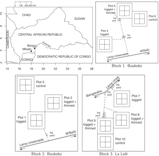 Figure 1. The M’Baïki forest experimental plots in the Central African Republic