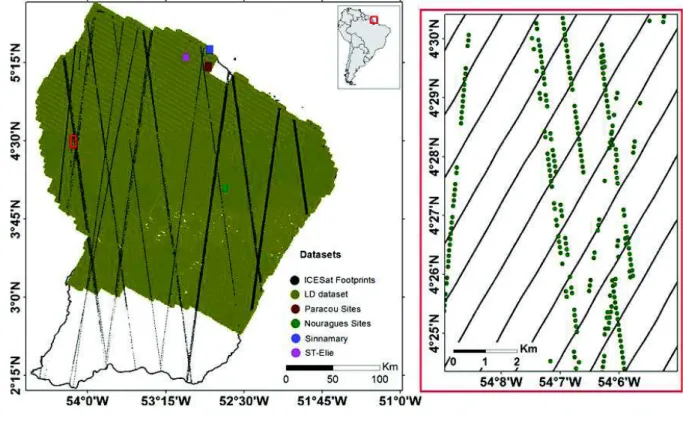 Figure 2.1 .  LiDAR datasets acquired for French Guiana (the right image  corresponds to the red rectangle in the left image) 