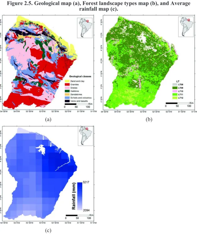 Figure 2.5 .  Geological map (a), Forest landscape types map (b), and Average  rainfall map (c) 