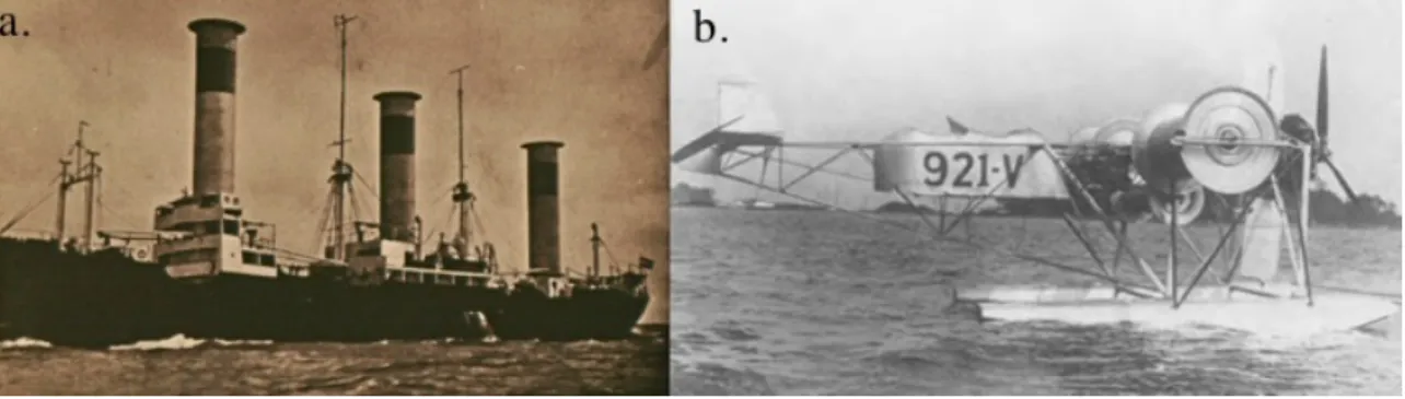 Figure 4: Two applications of the Magnus effect. a) The sail boat Barbara, conceived and built by Flettner in the 1920s, has sails with the form of spinning cylinders (Gilmore 1984).