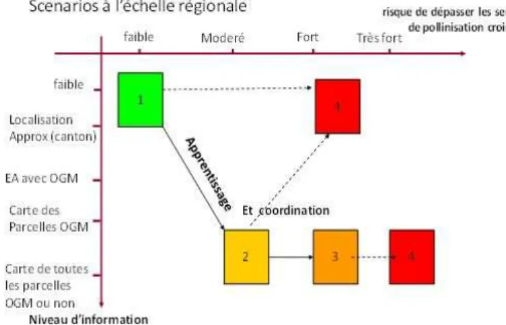 Figure  3.  Scénarios  de  gestion  de  la  coexistence  maïs  GM  /  maïs  conventionnels  en  fonction  du  risque  de  pollinisation  croisée,  du  niveau  d’information,  de  coordination  et  d’apprentissage  des  acteurs  (d’après  Le  Bail  et  al.,