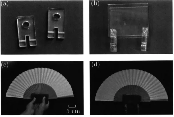 Figure  2-12:  (a)  Connector  clamps  to  the  rotating shaft  (b)  Acrylic  plates  attached  to the connector  clamps  (c)  Polyurethane  foam  wrapped  around  the  hand  fan  (d)  Foam and  fan  inserted  between  the  acrylic  plates.