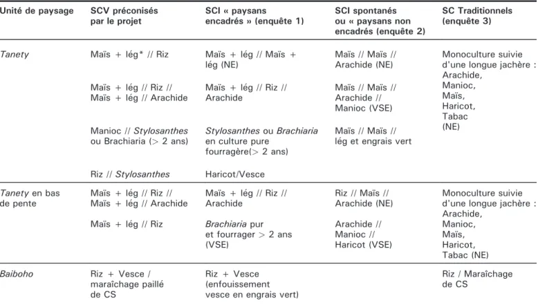 Table 1. Synthesis of various types of cropping systems according to position and zone, NE and VSE.