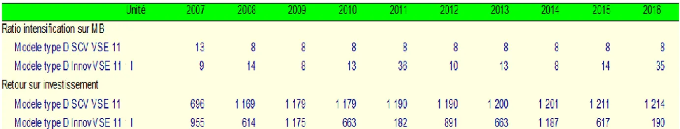 Table 3: Results of intensification ratio and return to capital over 10 years for the typ D farm in the VSE area  