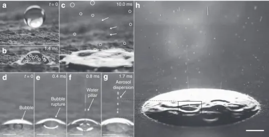 Figure 1 | Aerosol generation from droplets hitting soils and porous surfaces. (a) Clay loam with a rough surface before impingement with a droplet travelling at a speed of 2 ms  1 