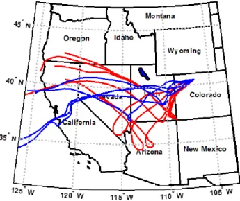 Fig. 5. Back trajectories for 11 March (blue) and 15 March (red).
