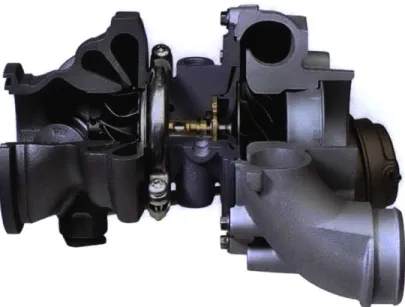 Figure  1-1:  2010  BMW  4.4  L  Gasoline  Wastegate  Twinscroll  Turbocharger  [1]  - Note that  the twinscroll  turbine  (left)  is axially  connected  with the compressor  (right)