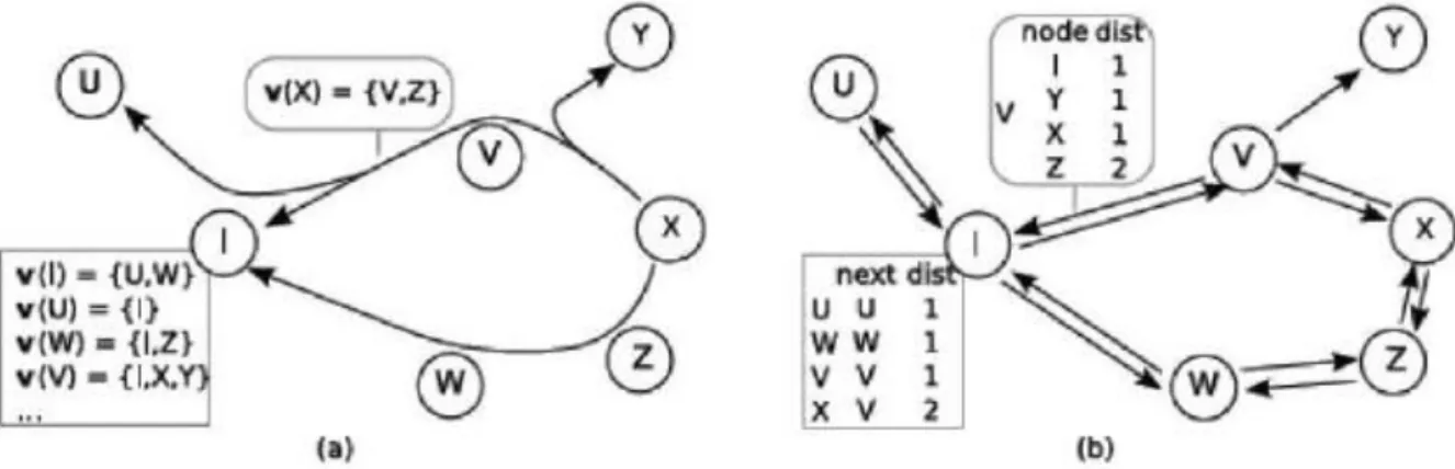 Figure 2.5 : algorithmes d’état de lien (a) et de vector de distance(b) [17] 