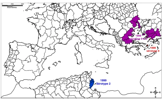 Figure 1 : Situation de la fièvre catarrhale du mouton (sérotypes 2 et 9) dans le bassin  méditerranéen en 1998 et 1999