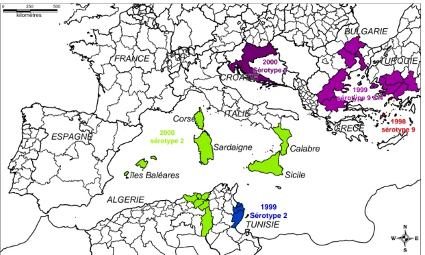 Figure 3 : Situation de la fièvre catarrhale du mouton (sérotypes 2, 4, 9) dans le bassin  méditerranéen en 2000 et historique des cas de 1998 et 1999