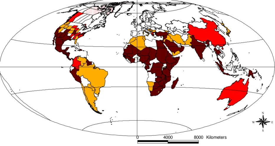 Figure 7 :   Répartition mondiale de la fièvre catarrhale du mouton en 2004 Situation épidémiologique vis-à-vis de la FCM