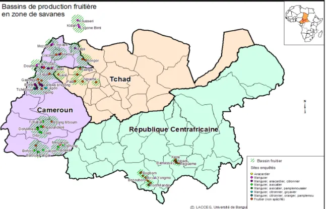 Figure 1. Localisation des bassins de production fruitière dans la zone des savanes d’Afrique centrale