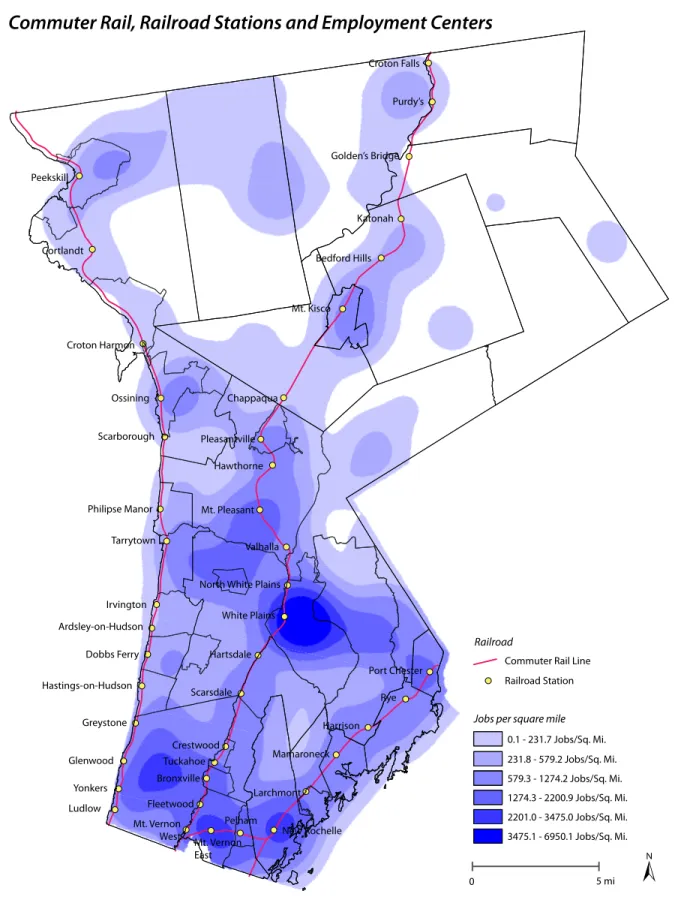 Figure 2.3: Commuter Rail, Railroad Stations and Employment Centers 