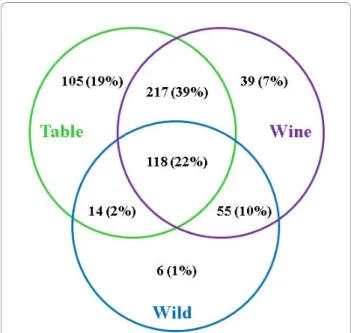Figure 4 SNP from the flb region in wild and cultivated grapevines. Venn diagram showing the distribution of the 554 non-redundant SNPs found in the 948 kb region at the top of chromosome 18 in the sets of wild and domesticated table and wine V