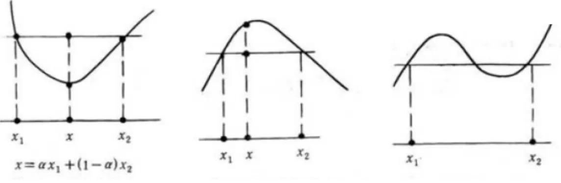 Figure 1.3 – Fonction convexe et fonction concave, fonction non convexe et non concave .