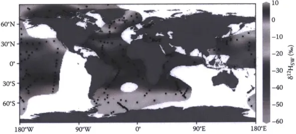 Figure  1  (See also colour figure  in the insert)  Horizontal  isoscape  of published  seawater  82Hsw  values in the surface waters  (top 100 m) of the world's oceans  (n  = 360 data points)