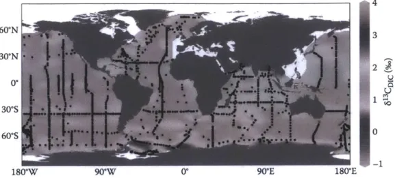 Figure  2 (See also  colour figure in  the insert)  Horizontal  isoscape  of published  seawater dissolved  inor- inor-ganic  carbon  (DIC)  S13 CDIC  values in  the  surface  waters  (top  100  m)  of the  world's  oceans  (n =  5501  data points)