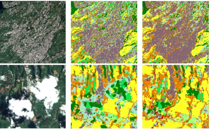 Figure 6: Classification results obtained with Random Forest and M 3 F usion: right to left, excerpt from SPOT6/ image7, classification by RF, classification by M 3 F usion.
