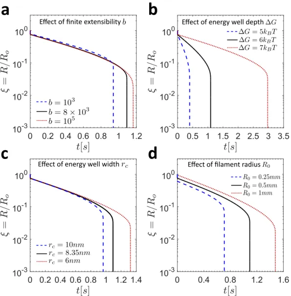 Figure 8. Eﬀect of varying the finite extensibility b (a), the energy well depth ∆G (b), the energy well width r c (c), and the initial filament radius R 0 (d) on the temporal evolution of the non-dimensional filament radius ξ predicted by the SFEN model