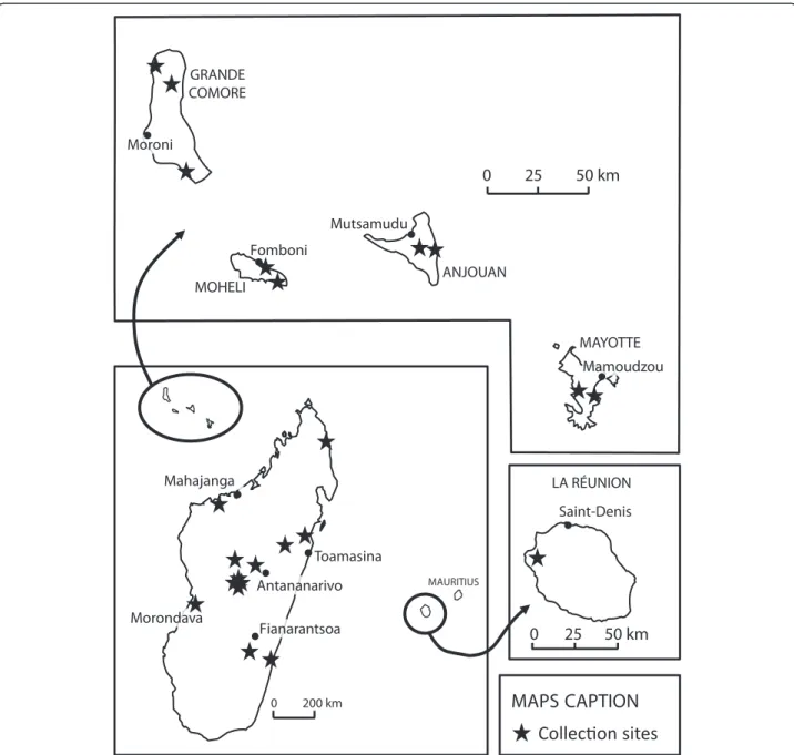Figure 2 Location of the Amblyomma variegatum samples used for the phylogeographic study restricted to the Indian Ocean area