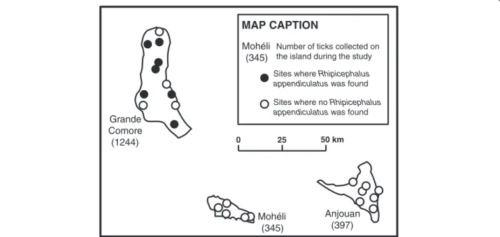 Figure 3 Distribution of Rhipicephalus appendiculatus in the Union of the Comoros according to the survey carried out in January- January-February 2010 (adapted from Yssouf et al