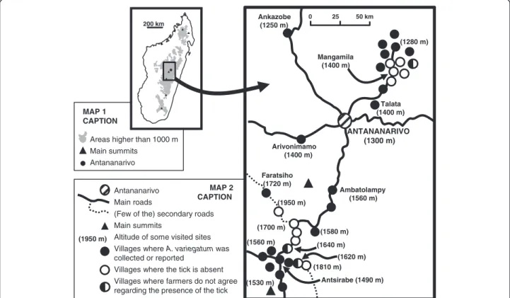 Figure 4 Distribution of Amblyomma variegatum on the central high plateau of Madagascar according to tick collection and surveys carried out in 2008 and 2010