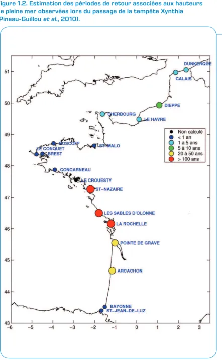 Figure 1.2. Estimation des périodes de retour associées aux hauteurs   de pleine mer observées lors du passage de la tempête Xynthia   (Pineau-Guillou et al., 2010).