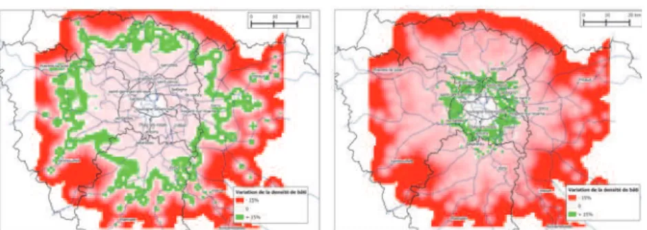 Graphique 8. Variation de la densité de bâti en Ile-de-France avec  des SMD différents (0,2 à gauche et 0,8 à droite)
