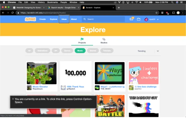 Figure 3-1: Screenshot of using VoiceOver on MacOS to navigate scratch.mit.edu.