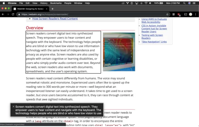 Figure 3-2: Screenshot of using VoiceOver on MacOS to navigate an online article.