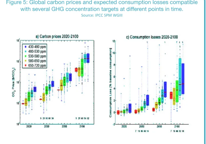 Figure 5: Global carbon prices and expected consumption losses compatible  with several GHG concentration targets at different points in time