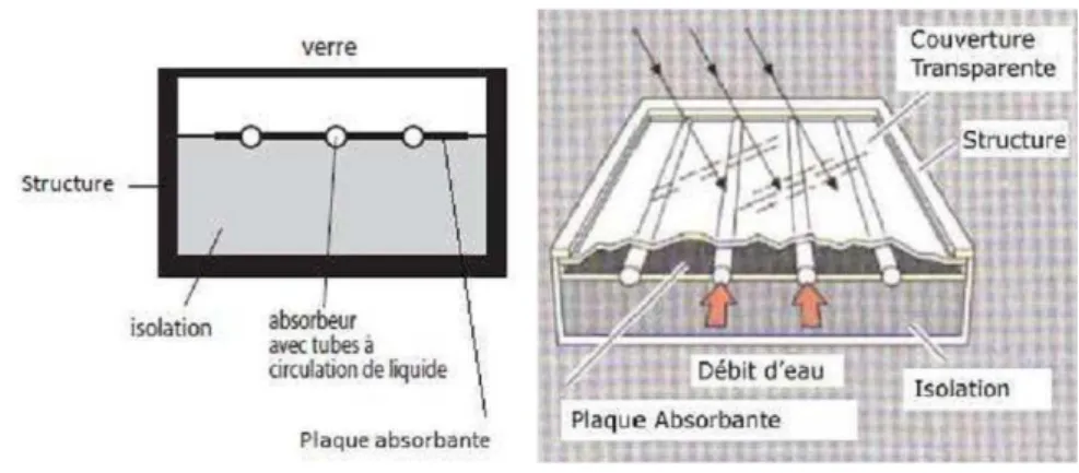Figure I.9: Vue générale d’un capteur plan et sa coupe verticale [15].   