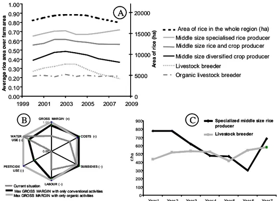 Figure 1- A: Land use change analysis of the evolution of the proportion of farm area that  was devoted for rice between 1998 and 2008 (moving average of 3 years for all farms of a  given type) and total area on rice in the whole region