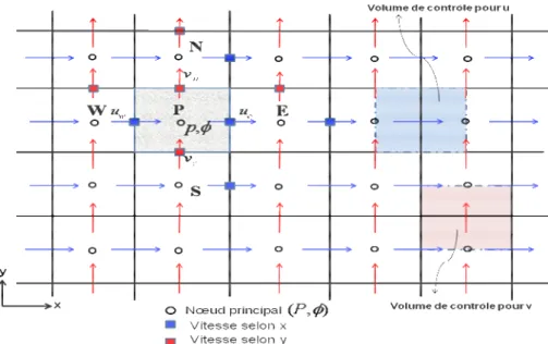 Figure 3.3: Volumes de contrôle pour les scalaires et les vitesses. 