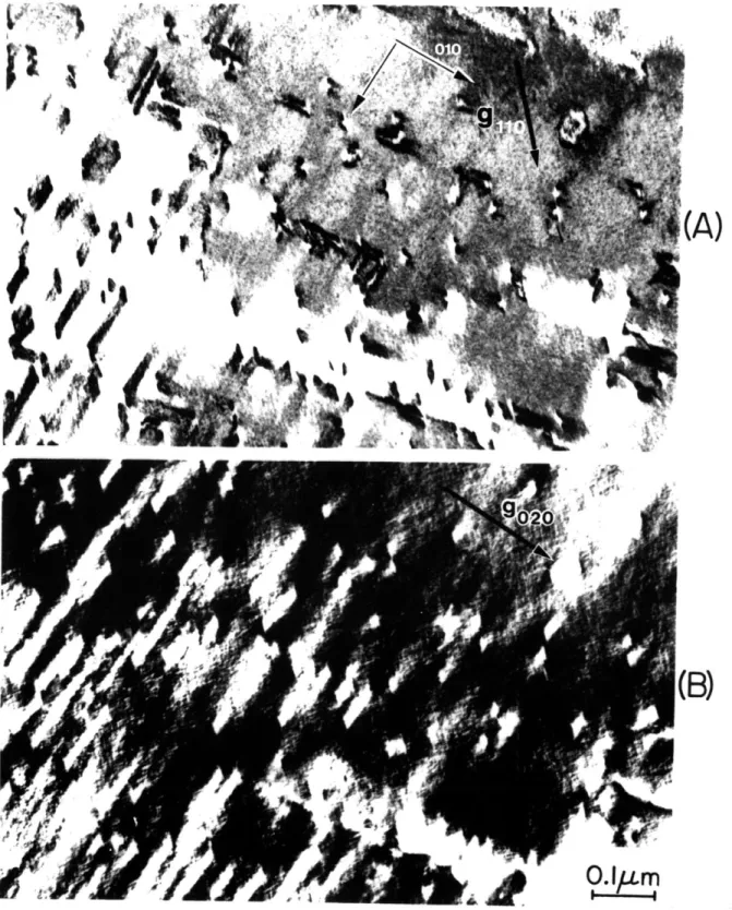 Figure  5-7.  Bright-field  electron  micrographs  of  {011}  planar  features  in martensitic  Fe-25Ni-0.4C