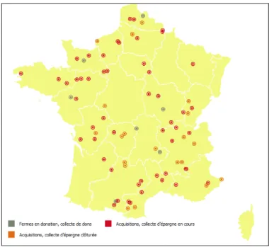 Figure 2 : Les fermes en donation ou acquises par Terre de liens en France en 2013  Source Terre de liens (http://terredeliens.org/) 