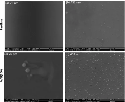 Fig. 3. SEM images for Fe/glass (a) t = 76 nm, (b) t= 431 nm and Fe/Si(1 0 0) (c) t= 76 nm, (d) t= 431 nm.