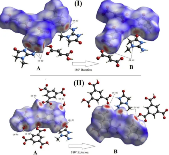 Fig. 6. 3D Hirshfeld maps with d norm in the range 0.5e1.5 Å: A: front view and B back view