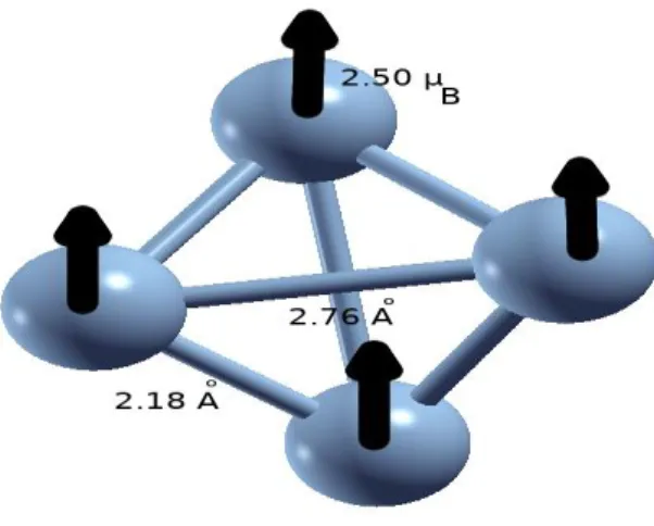Fig. 2.5 : Structure géométrique et magnétique de l’agrégat Co 4 . 
