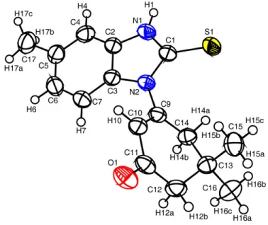 Figure 1. The molecular structure of compound 11b: Selected bond lengths ( Ǻ ) C1-S1: 1.672(2); N1-  C1:  1.355(3);  N1-C2:  1.387(3);  N2-C1:  1.379(3);  N2-C3:  1.406(3);  N2-C9:  1.428(3);  C9-C10: 