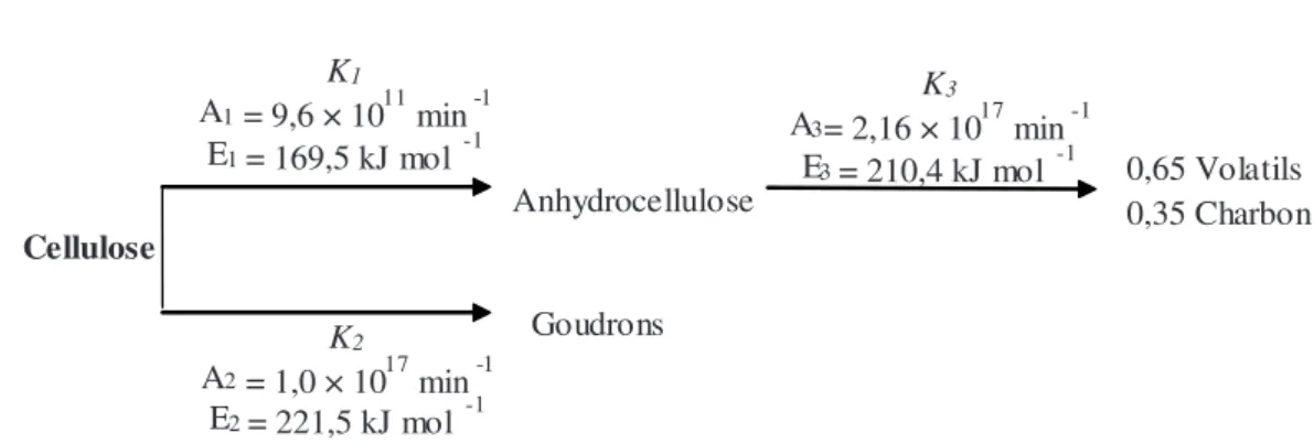 Figure 5. Modèle réactionnel de Broido-Shafizadeh modifié par Varhegyi et al. (1994). Les paramètres cinétiques sont déterminés par ATG (T = 703 K et V = 40 °C min –1 ).
