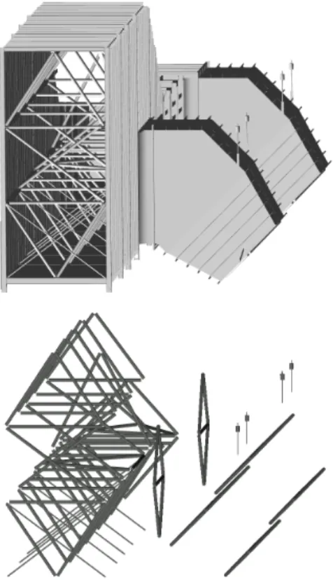 Figure 6 Part of an oil platform model made of 446 dif- dif-ferent meshes ( top ). There are several  tes-sellated cylinders around the model sample ( middle )