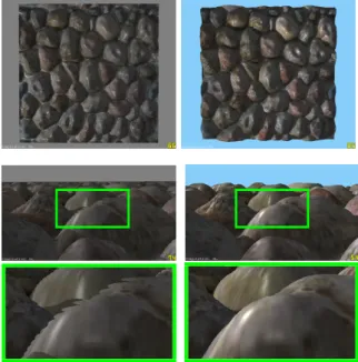 Figure 2: Comparing not-balanced and balanced searches (right column). With balanced search, we obtain better  per-formance (85 fps × 66 fps on a GeForce 6800) when seen from above and better quality when seen in a profile view.