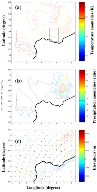 Fig. 3. (a) Map of the mean temperature anomalies (twenty first mi- mi-nus twentieth centuries) simulated by ARPEGE and averaged over the 12 months (in K)