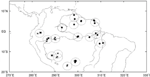 Fig. 1 Forest census plots from which data are used in this study. Crosses and dots indicate a rough categorization into Western and Eastern plots respectively (see text for details)